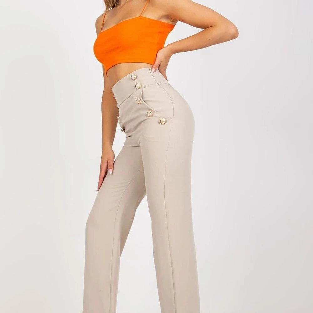 High-Waisted Trousers with Decorative Buttons