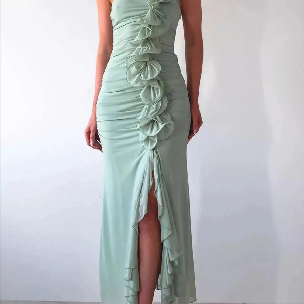 One-Shoulder Ruffle Slit Dress