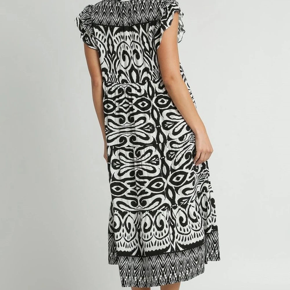 Umgee Two Tone Border Print Midi Dress