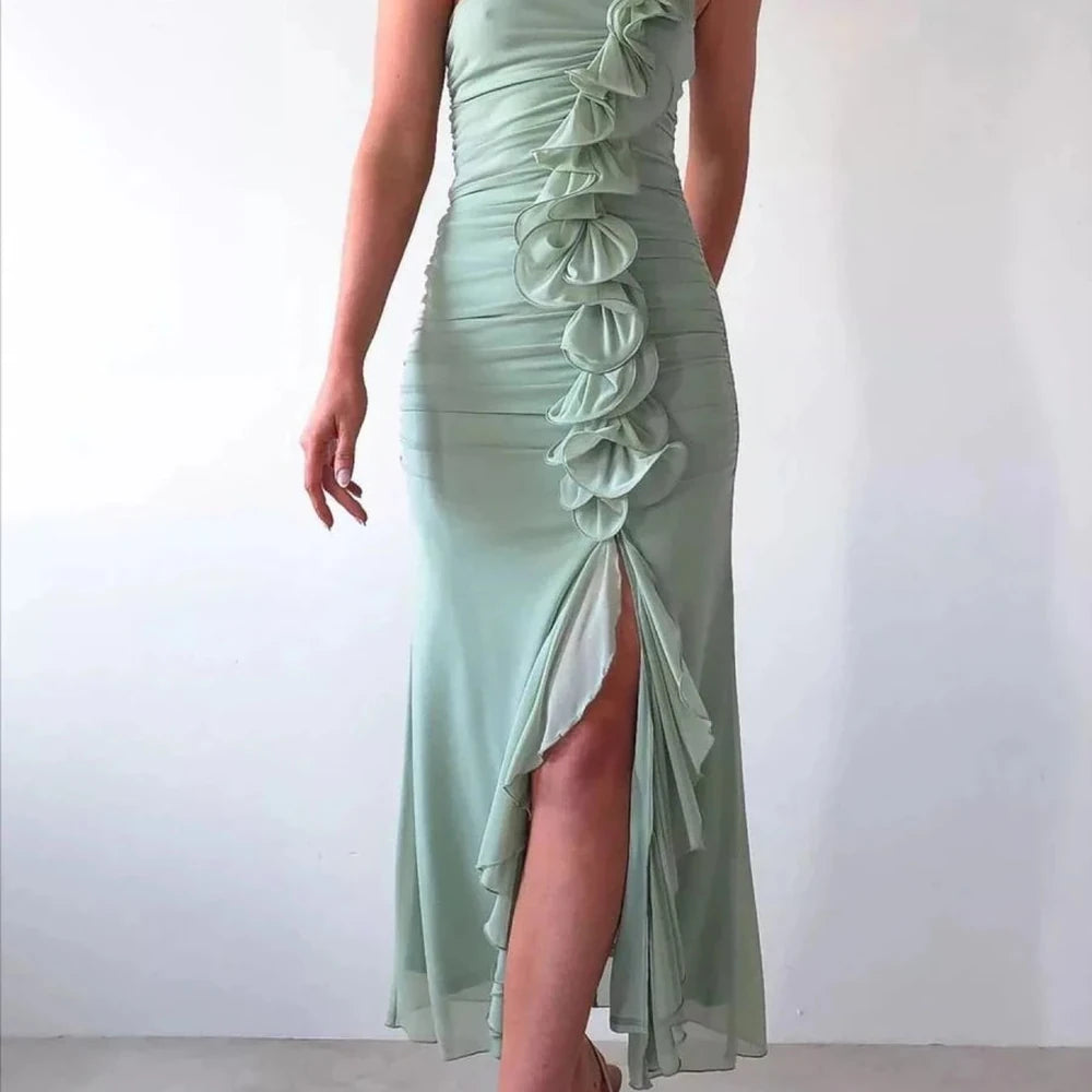 One-Shoulder Ruffle Slit Dress
