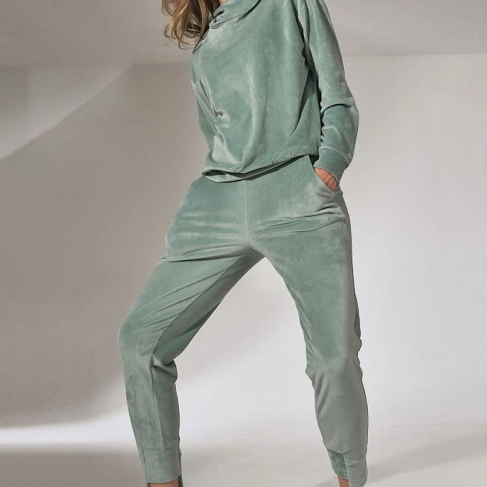 Green Velour Tracksuit Trousers with Drawstring Waist