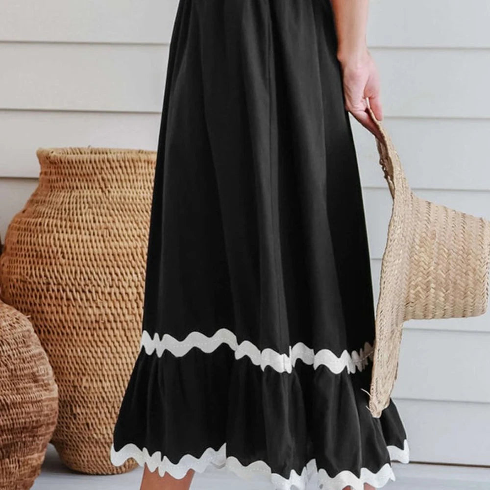 Contrast Trim Elastic Waist Cotton Skirt