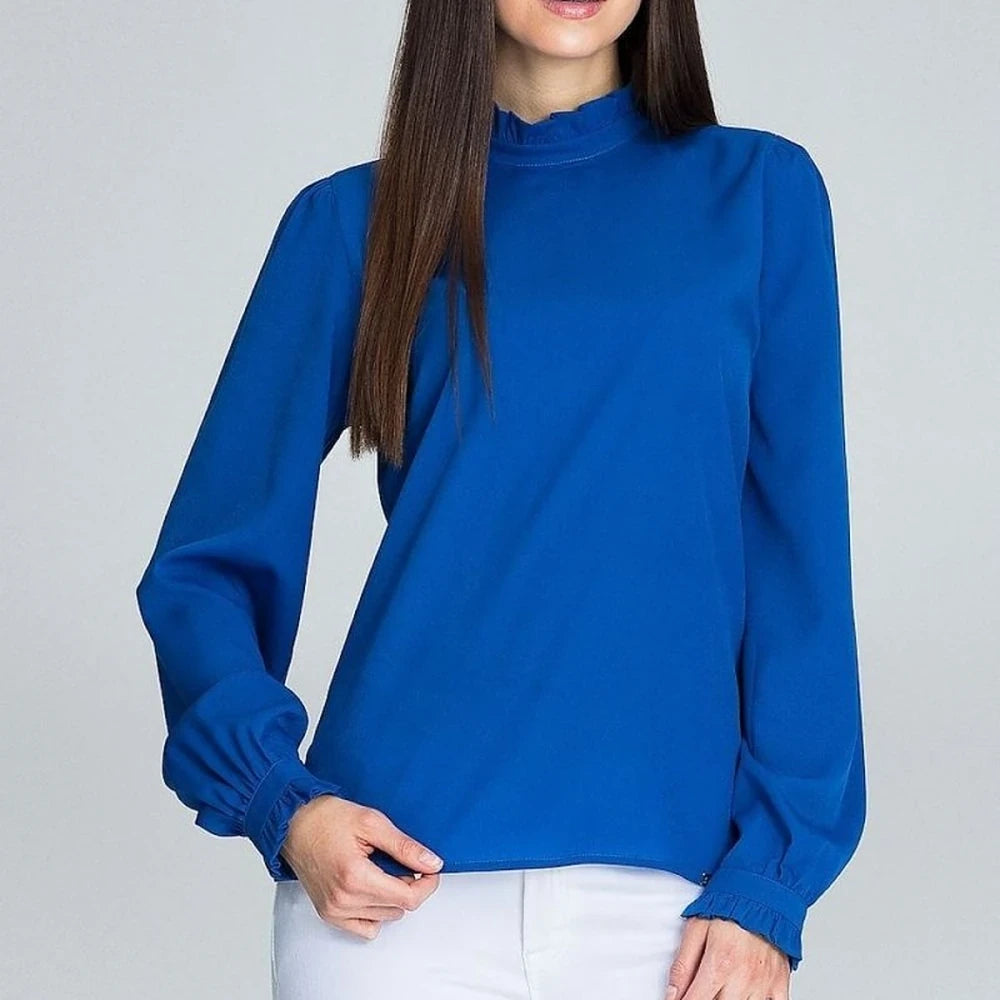 Pleated Sleeve Frill Blouse - Long Sleeve Top