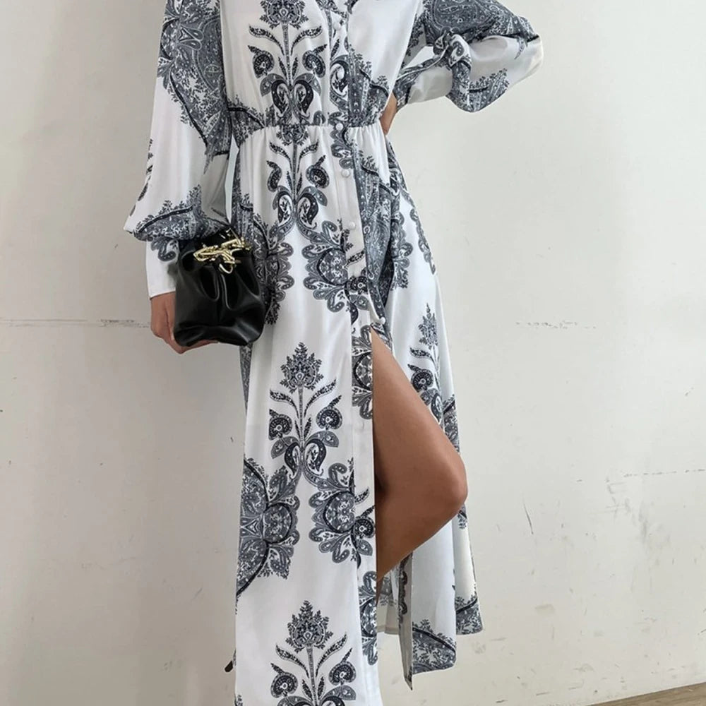 Printed Midi Dress with Lantern Sleeves