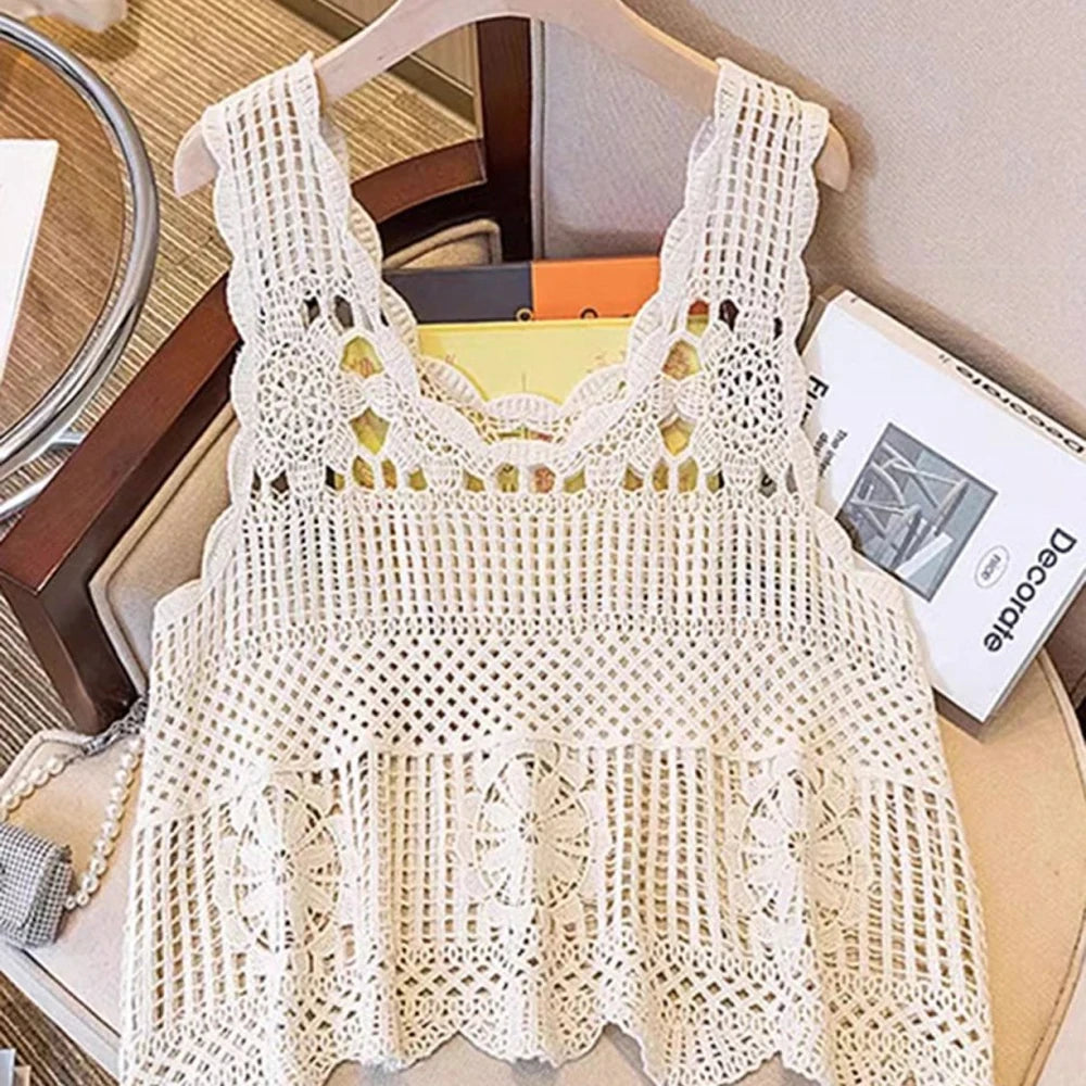 Cream Openwork Scoop Neck Cotton Tank