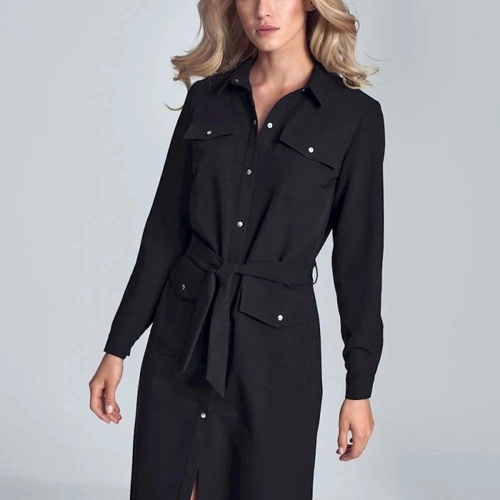 Black Midi Shirt Dress with Belt
