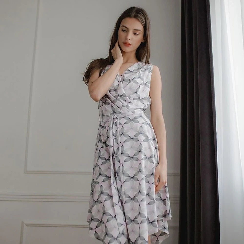 Patterned Midi Dress with Tie Belt