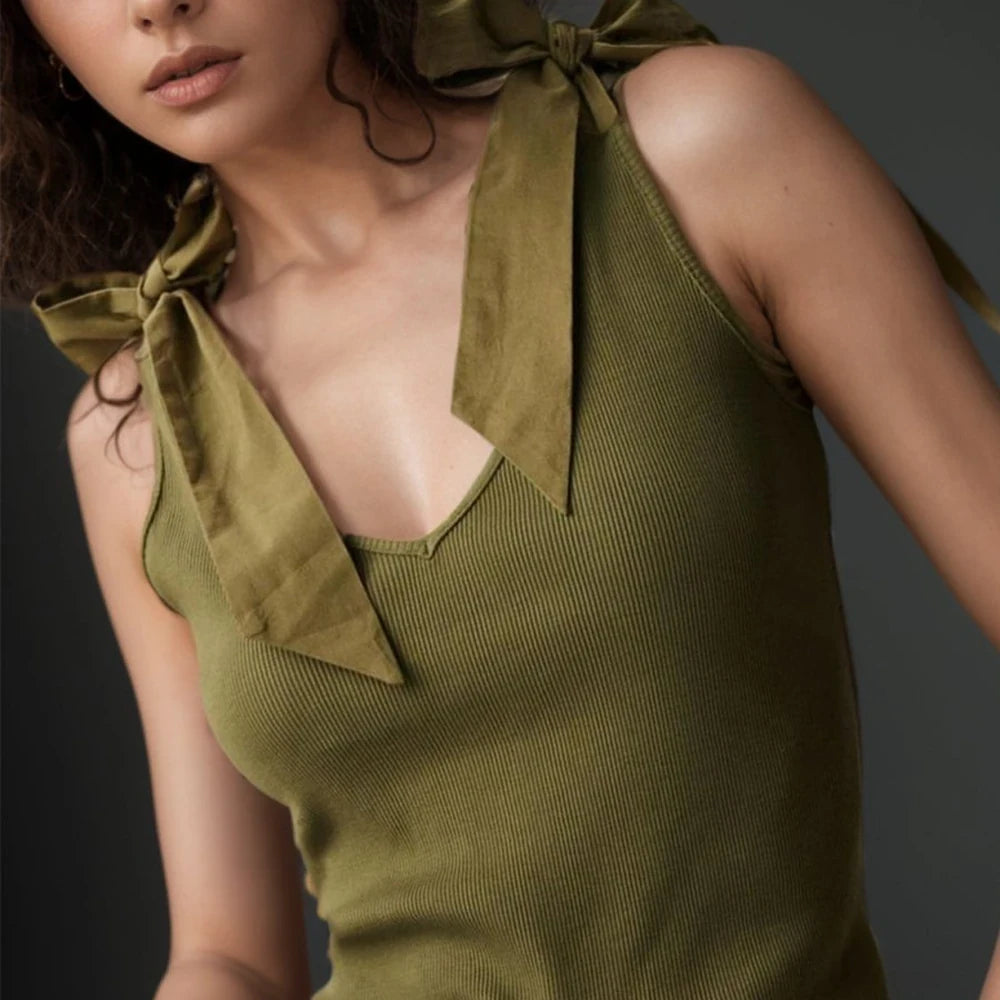 Tan V-Neck Tie Shoulder Tank