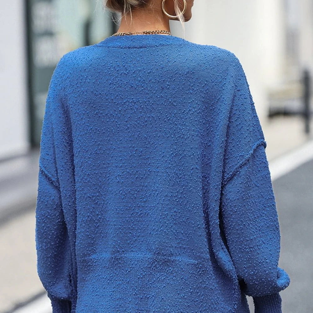 Button-Up V-Neck Cardigan with Dropped Shoulders