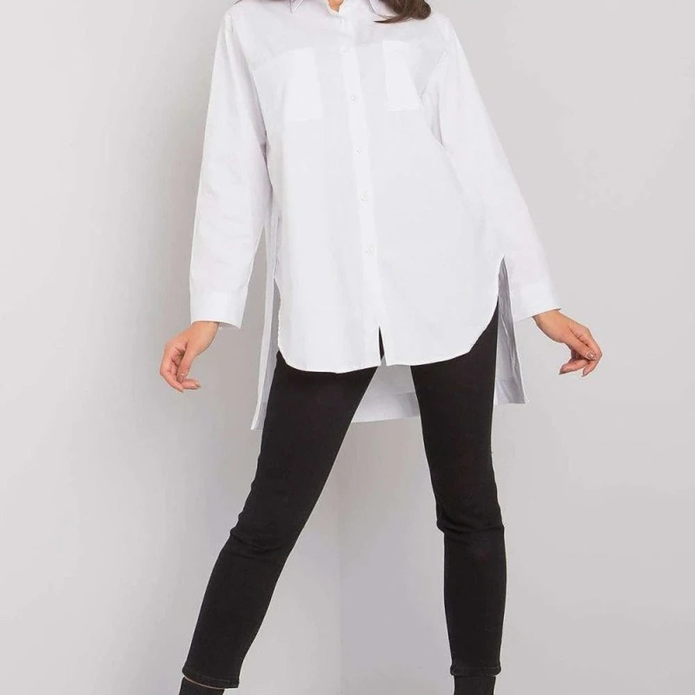 Women's White Cotton Button-Up Long Sleeve Shirt