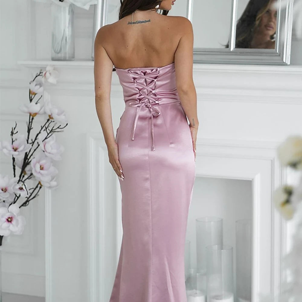 Strapless Satin Maxi Dress with Rose Detail
