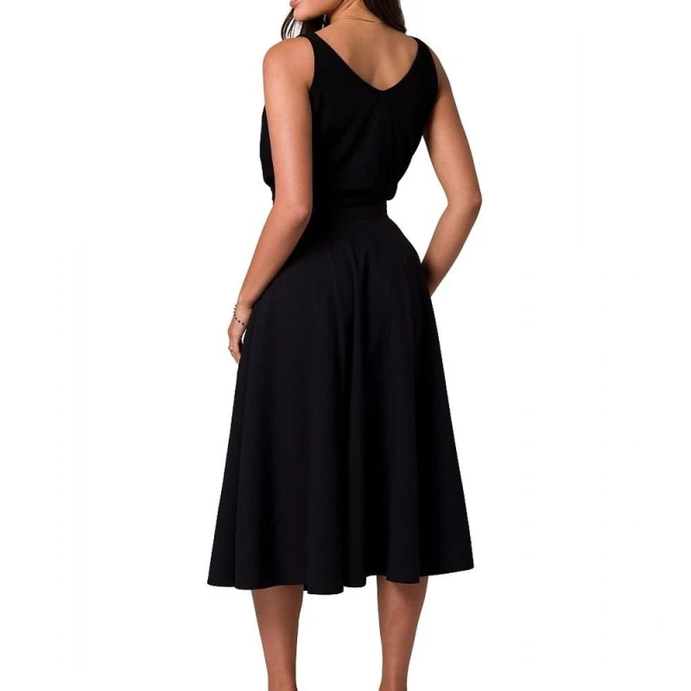 High Waist Flared Midi Skirt with Buttons