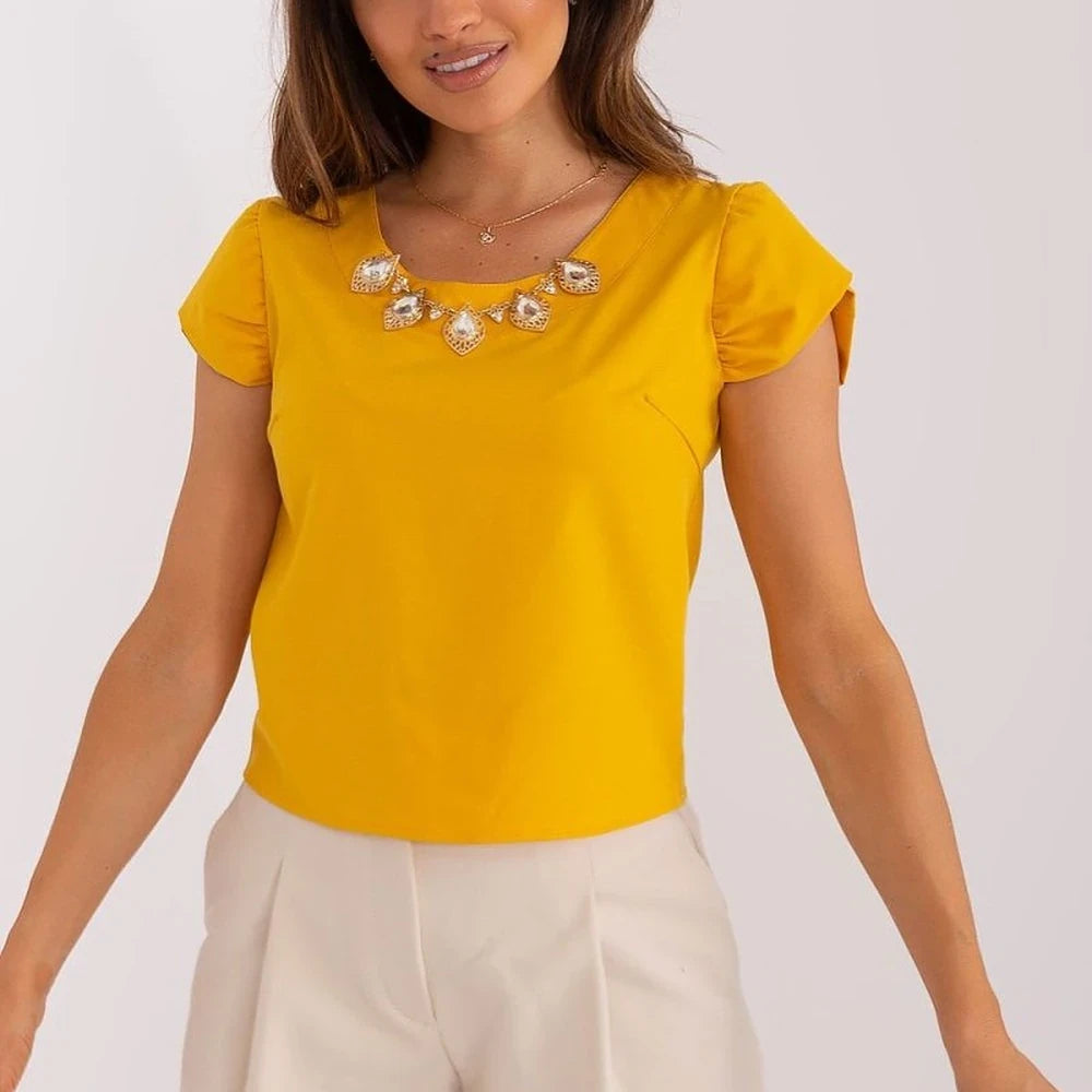 Embellished Cotton Short Sleeve Blouse