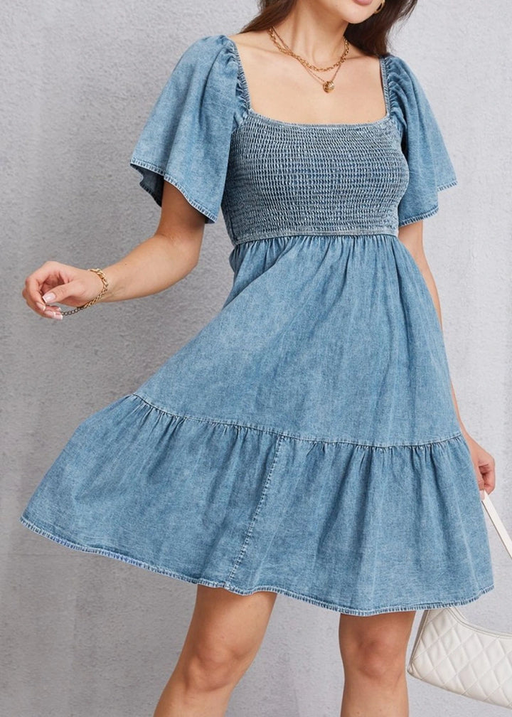 Smocked square neck mini denim