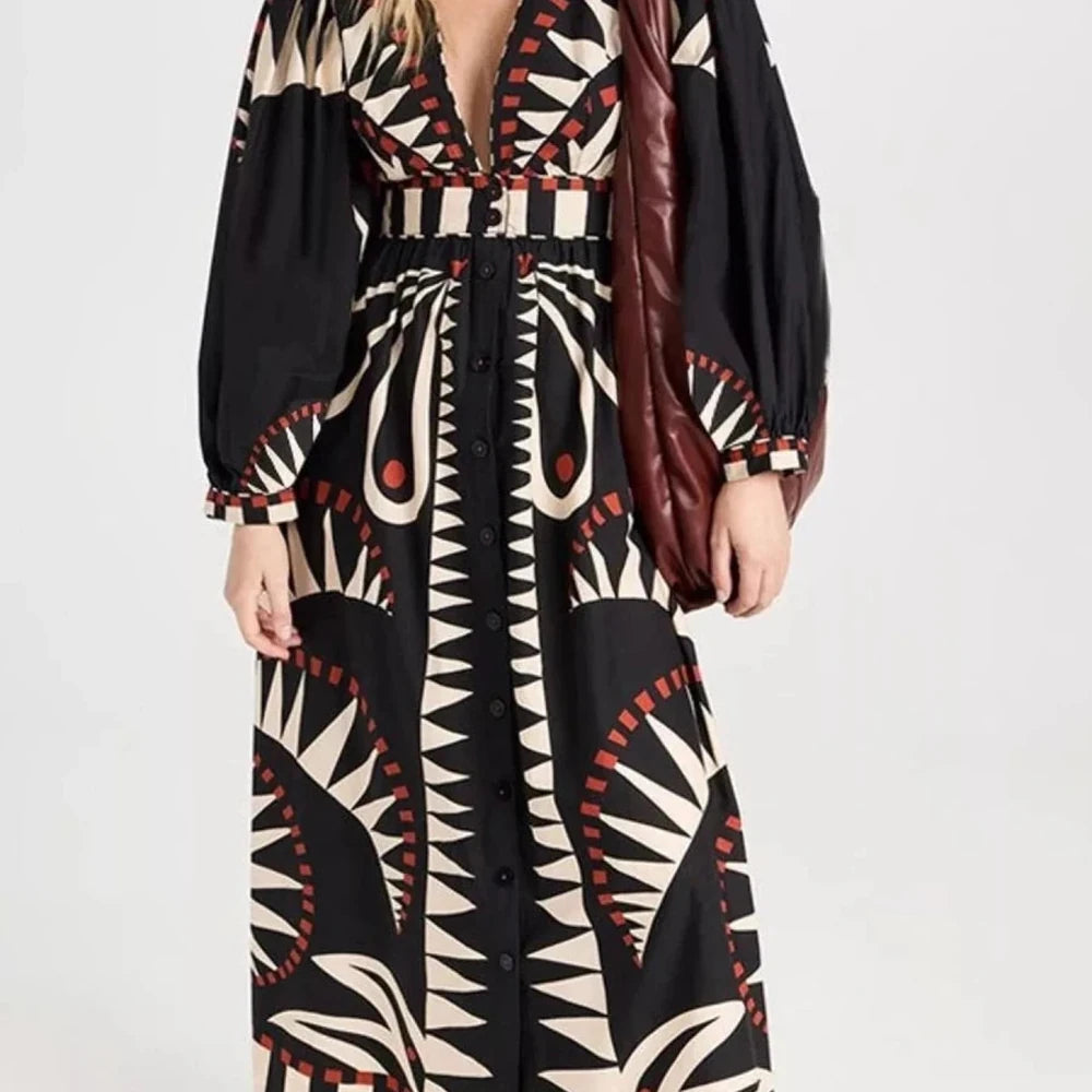 Geometric Print Long Sleeve Maxi Dress