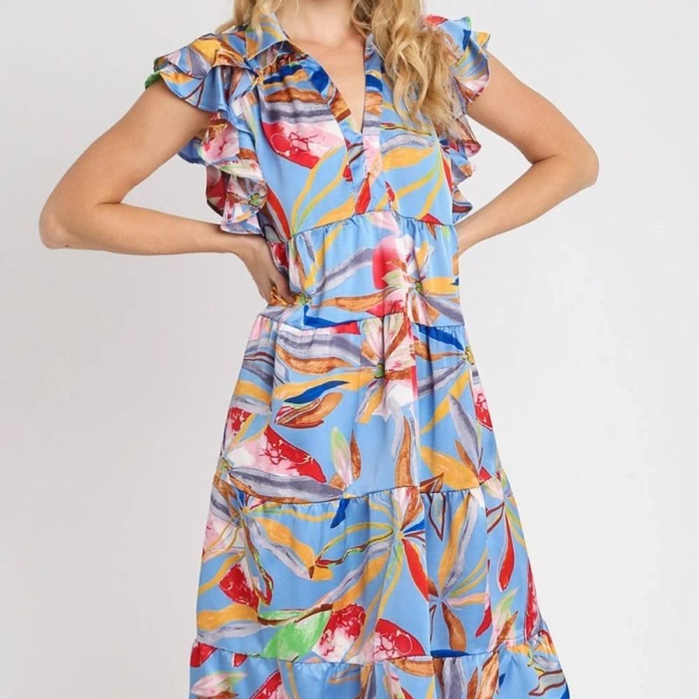 Leaf Print Tiered Midi Dress with Ruffle Sleeves