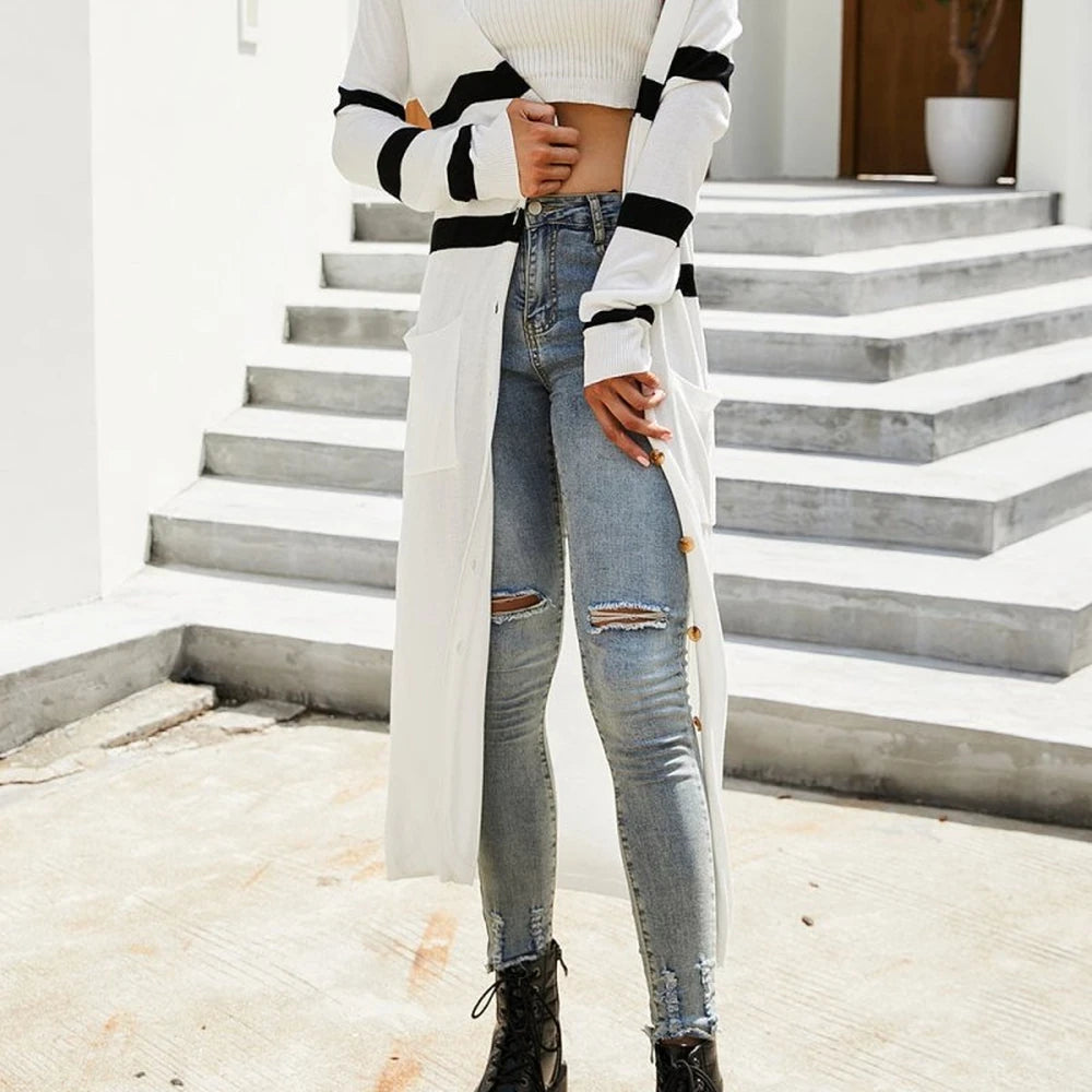 Striped Button Up Cardigan with Pockets