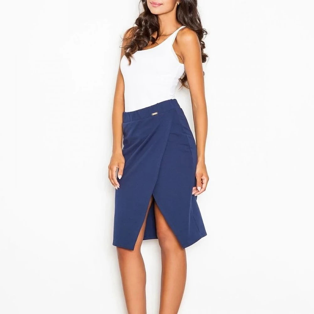 Knee-Length Skirt with Side Slit and Elastic Waist