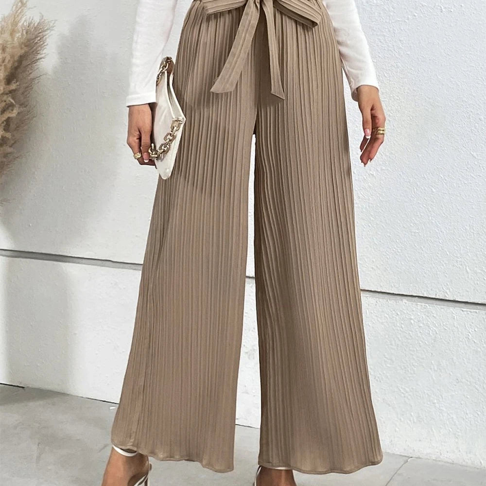 Wide Leg Long Pants with Tie Detail