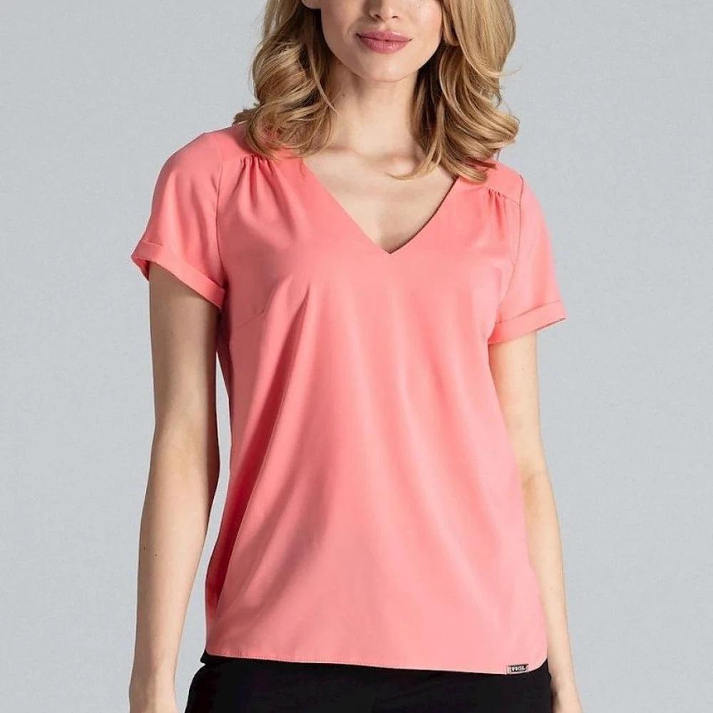 Heart Neck Blouse with Cuffed Short Sleeves