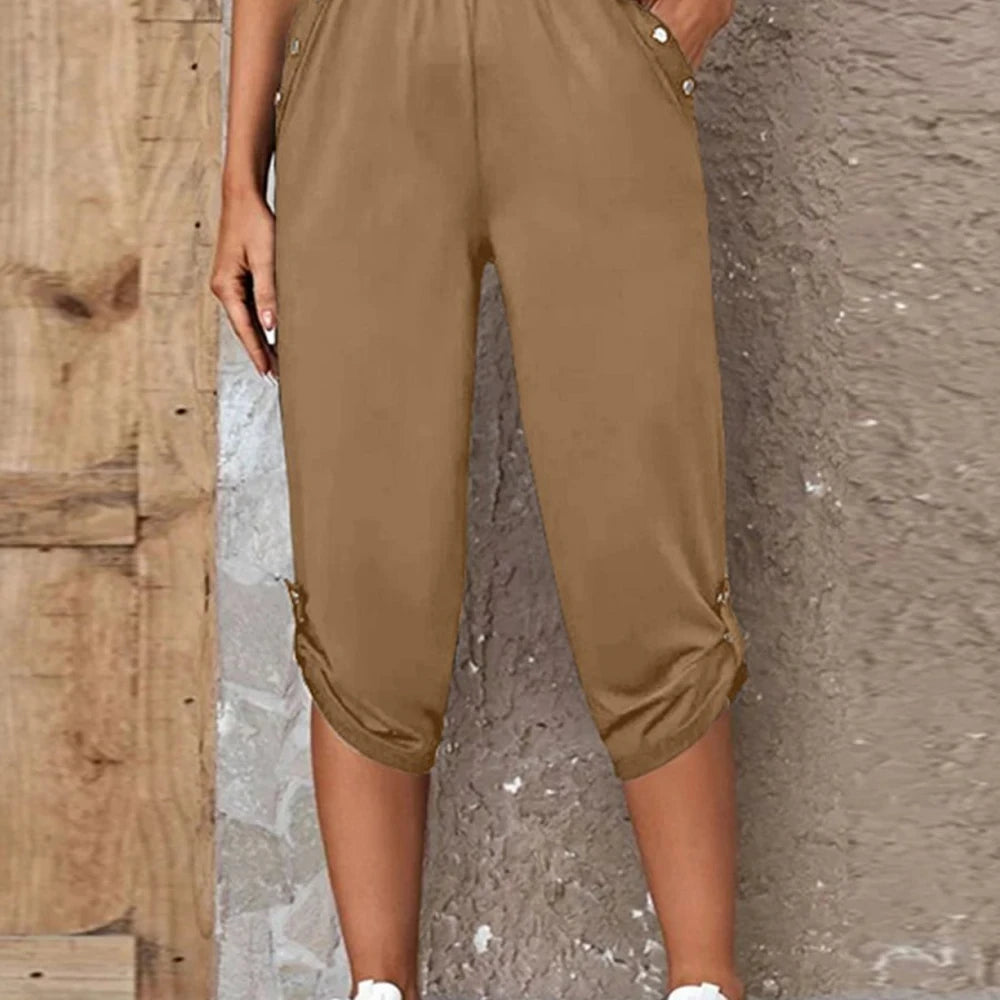 Solid Capris Pants with Roll-Tab