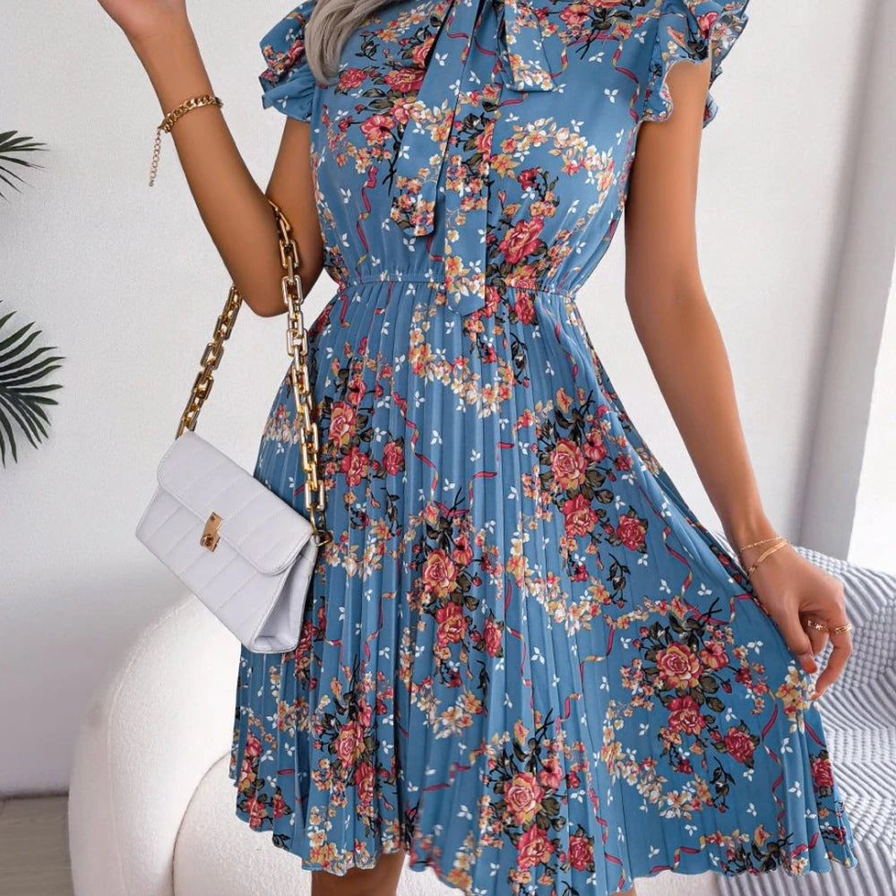 Floral Tie Neck Knee Length A-line Dress