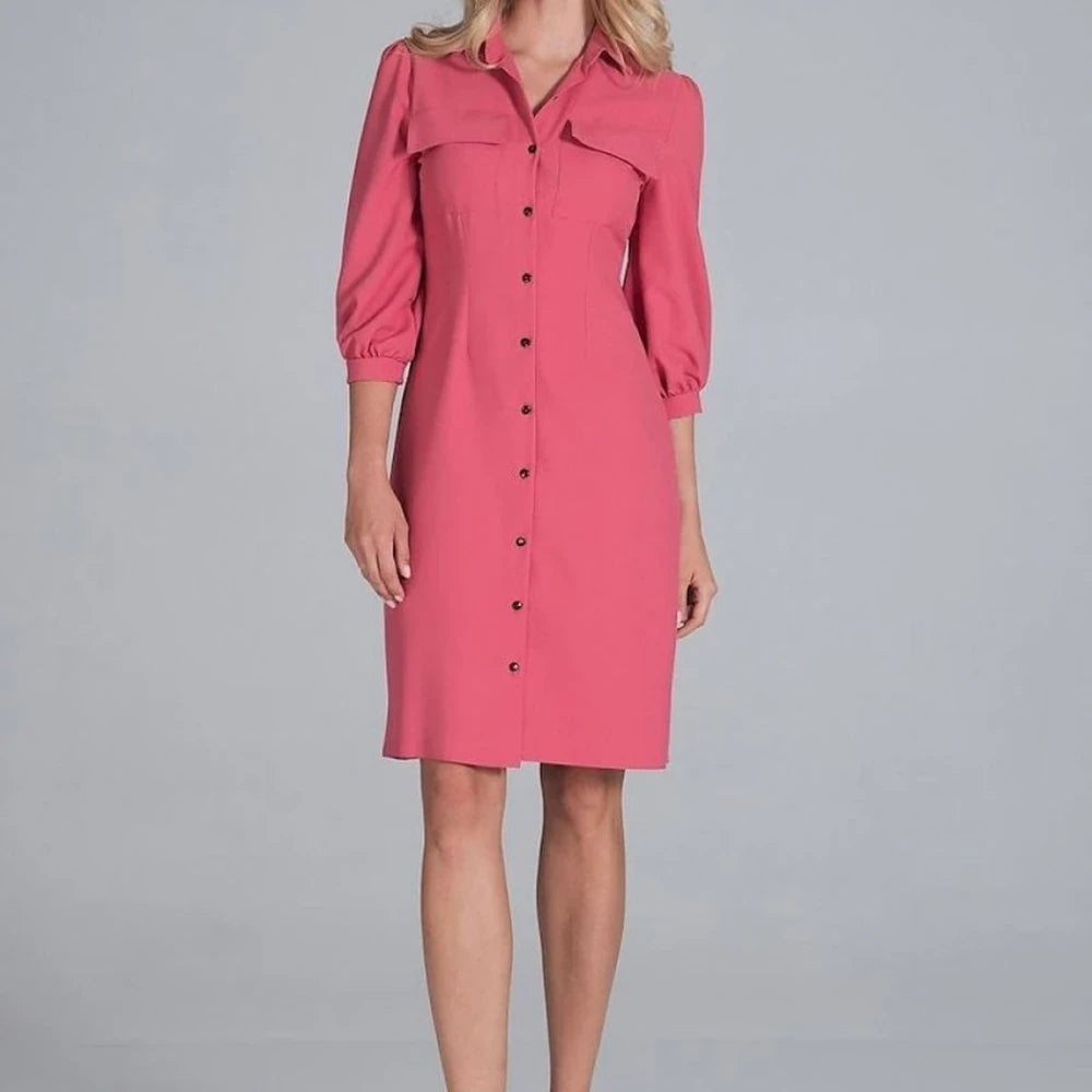 Midi Shirt Dress with Collar and 3/4 Sleeves