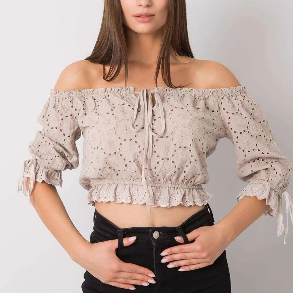 Openwork Cotton Short Sleeve Blouse