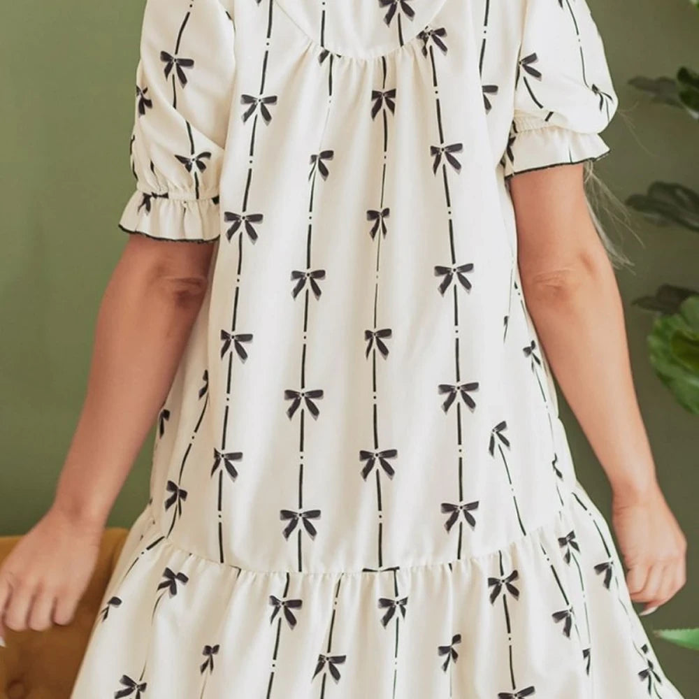 Frill Bow Print Mini Dress Short Sleeve
