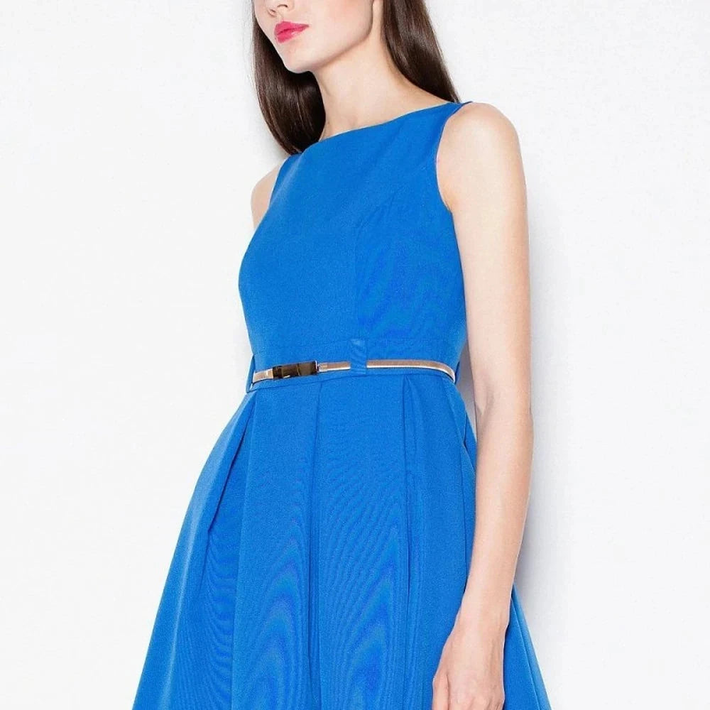 Blue Cocktail Dress with Pleats and Belt