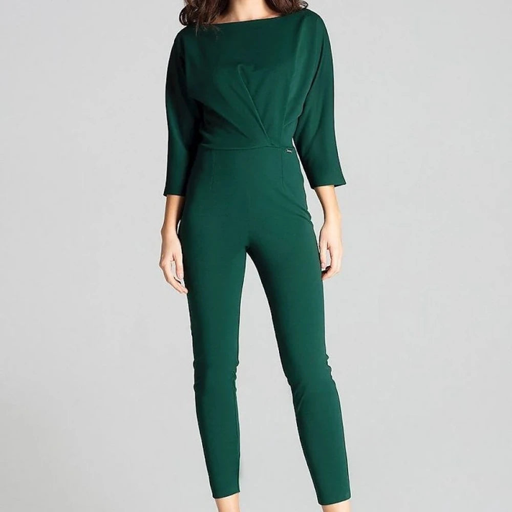 3/4 Sleeve Jumpsuit with Asymmetrical Pleats