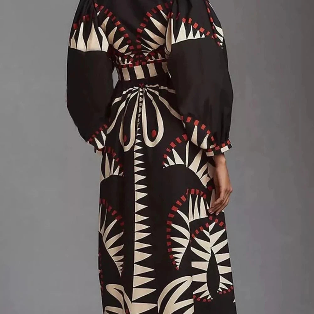 Geometric Print Long Sleeve Maxi Dress