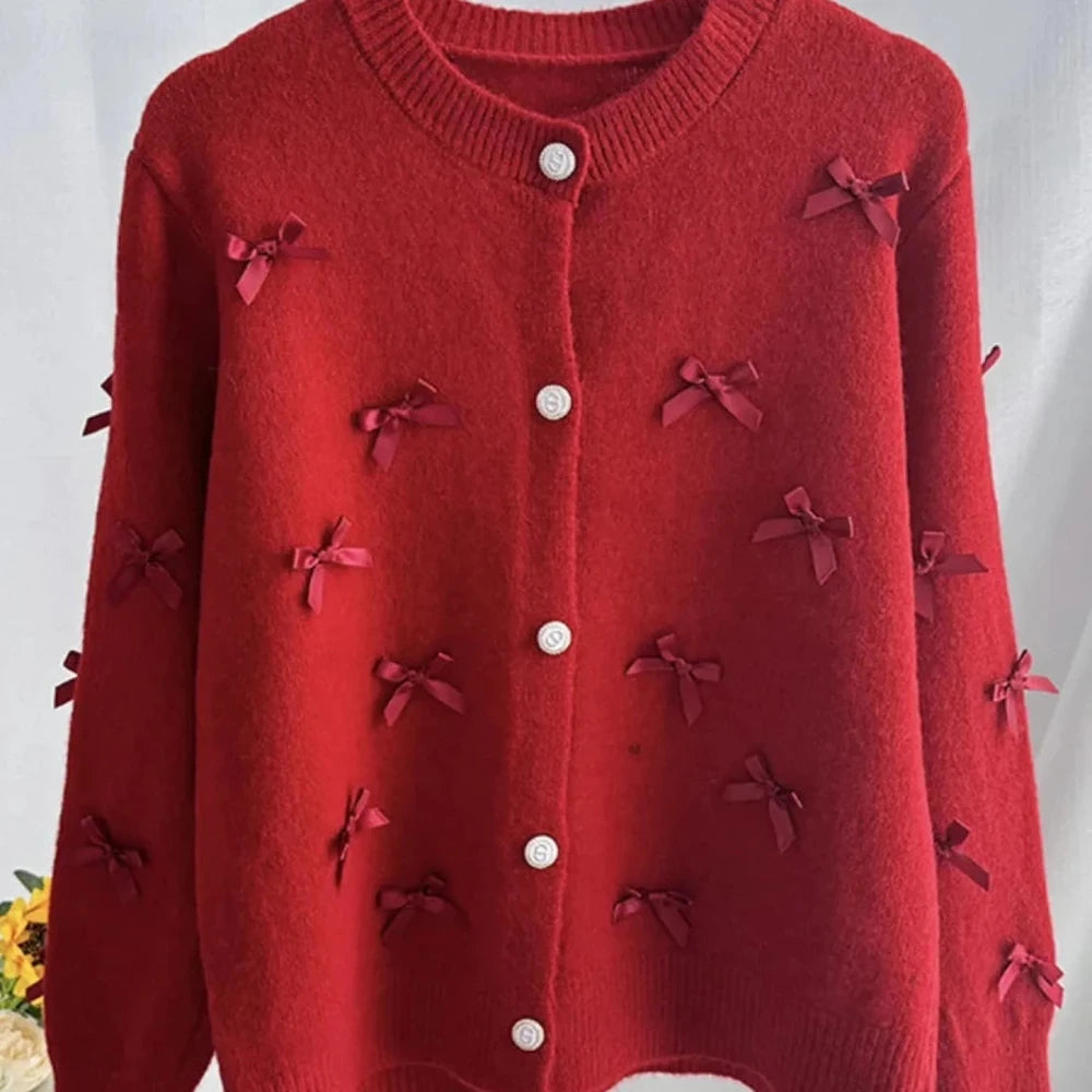 Bow Button Up Long Sleeve Cardigan
