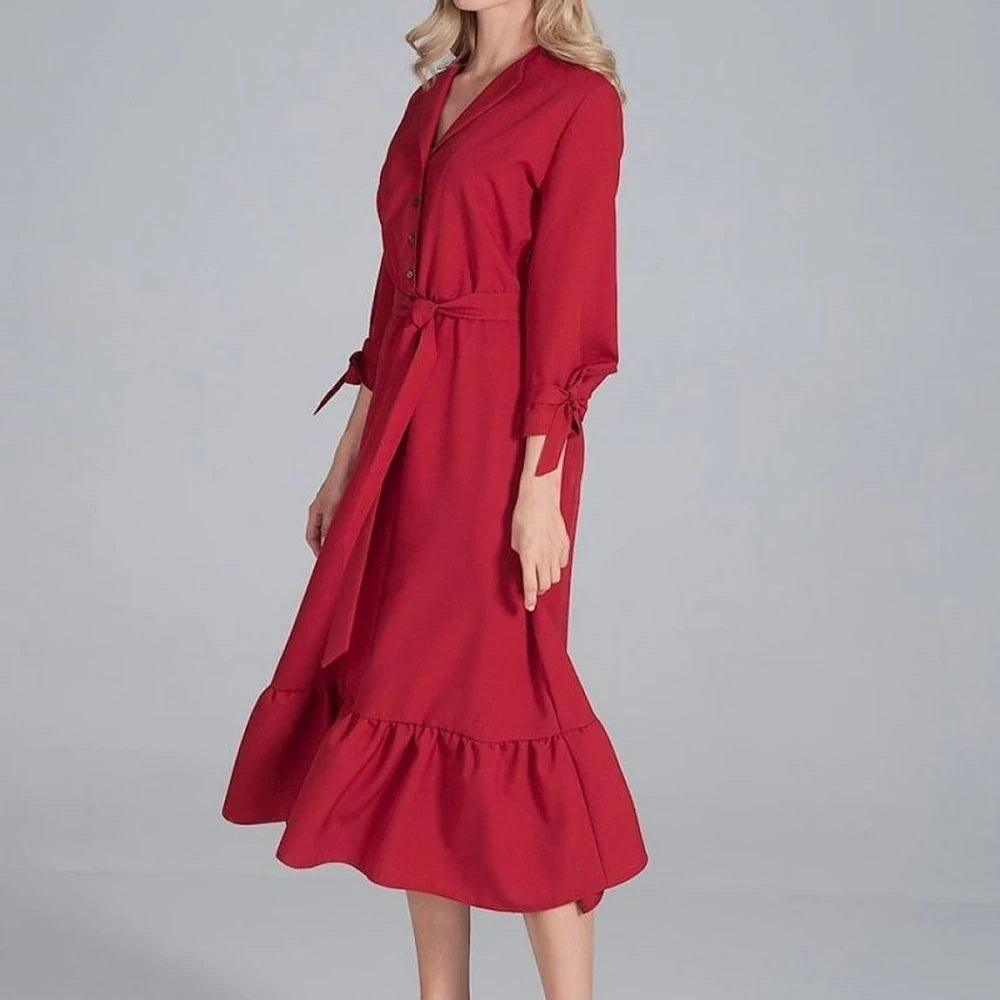 Maxi Dress Ruffle Hem V-Neck Buttoned