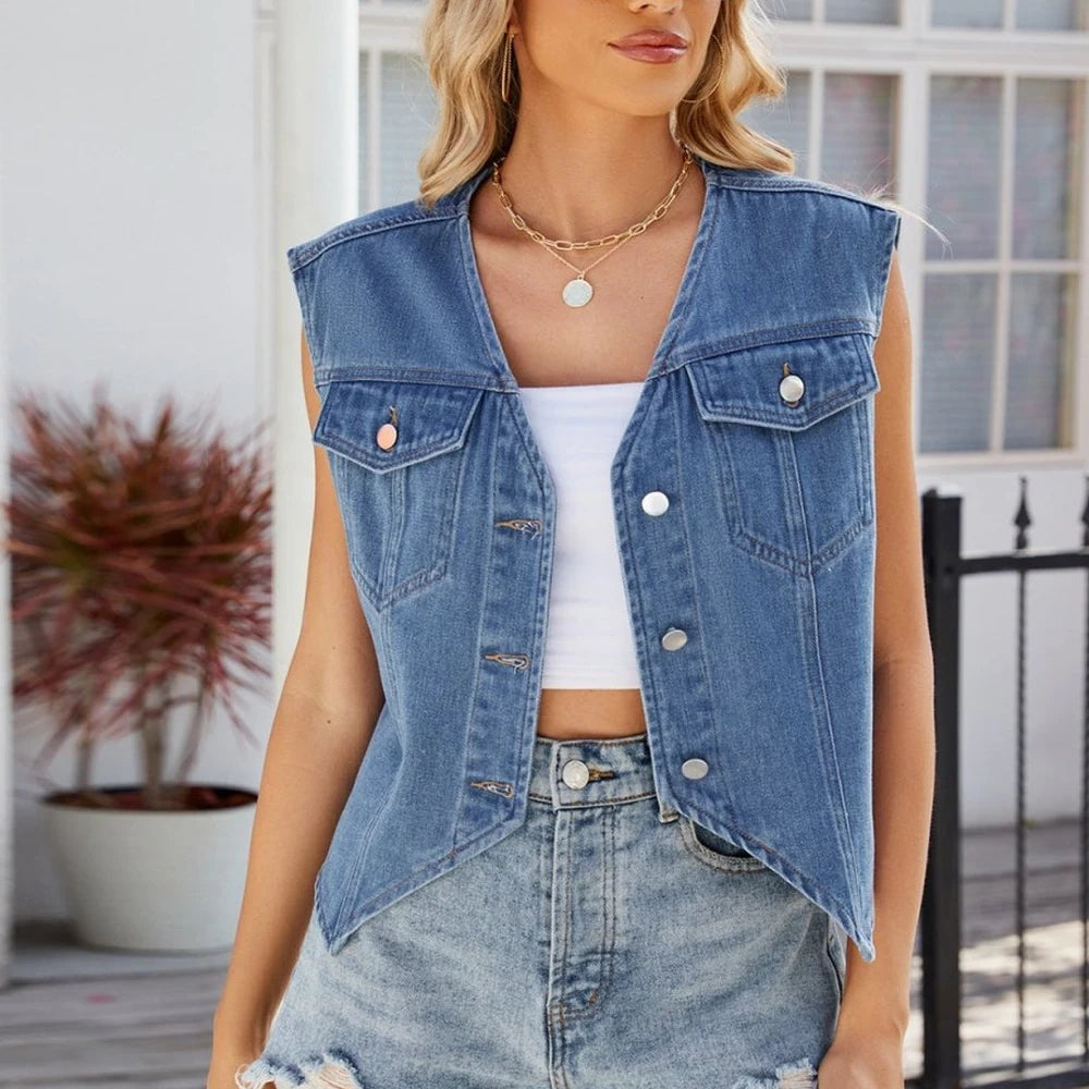 Sleeveless Denim Jacket with Pockets