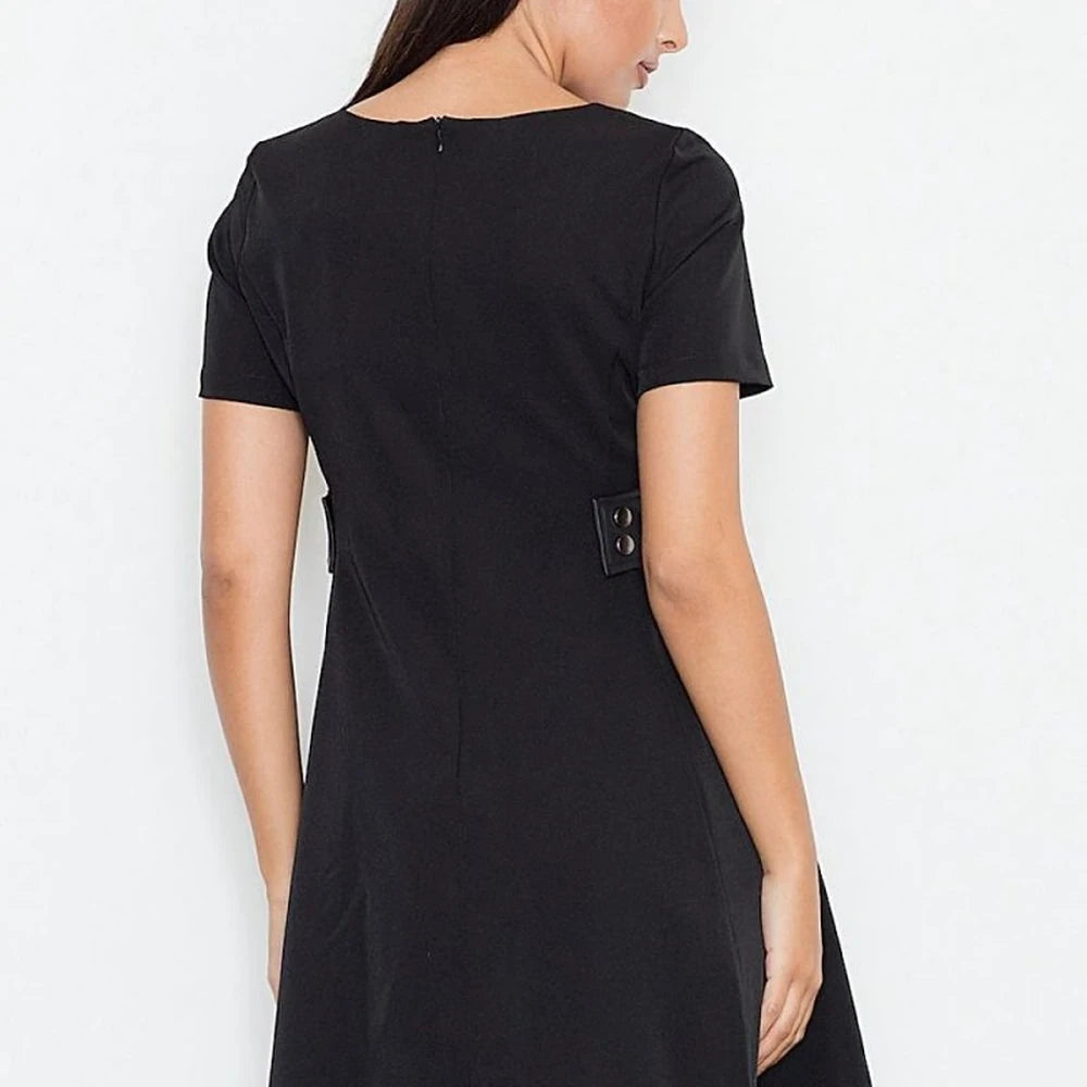 Flared Dress with Leather Inserts & Short Sleeves