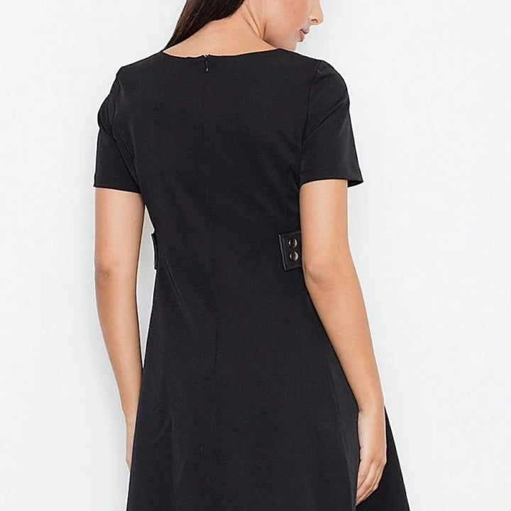 Flared Dress with Leather Inserts & Short Sleeves
