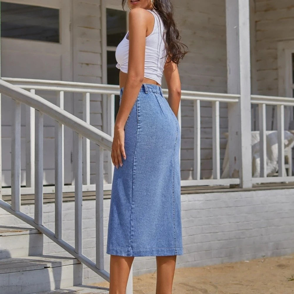 Button Down Denim Skirt with Belt