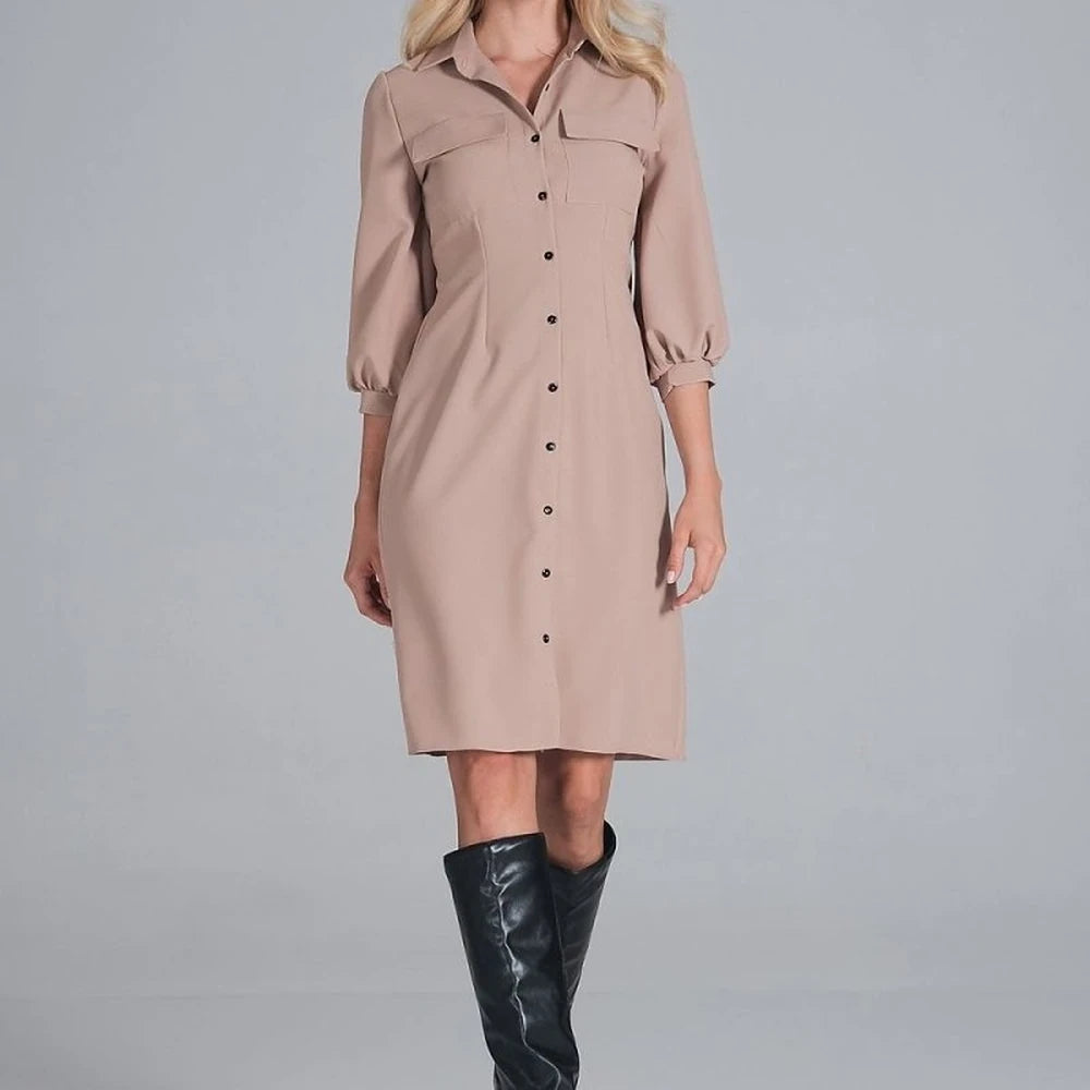Midi Shirt Dress with Collar and 3/4 Sleeves