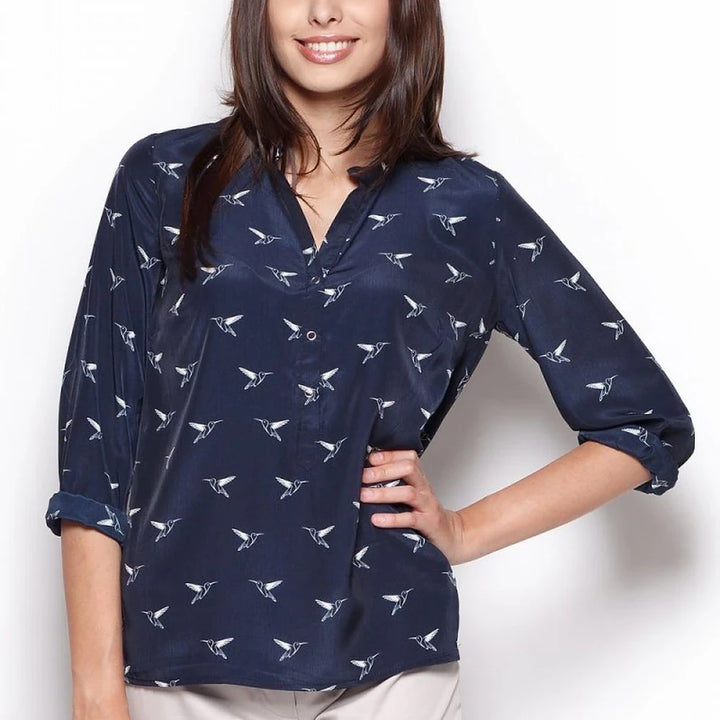 Printed Stand-Up Collar Shirt with Cuffs