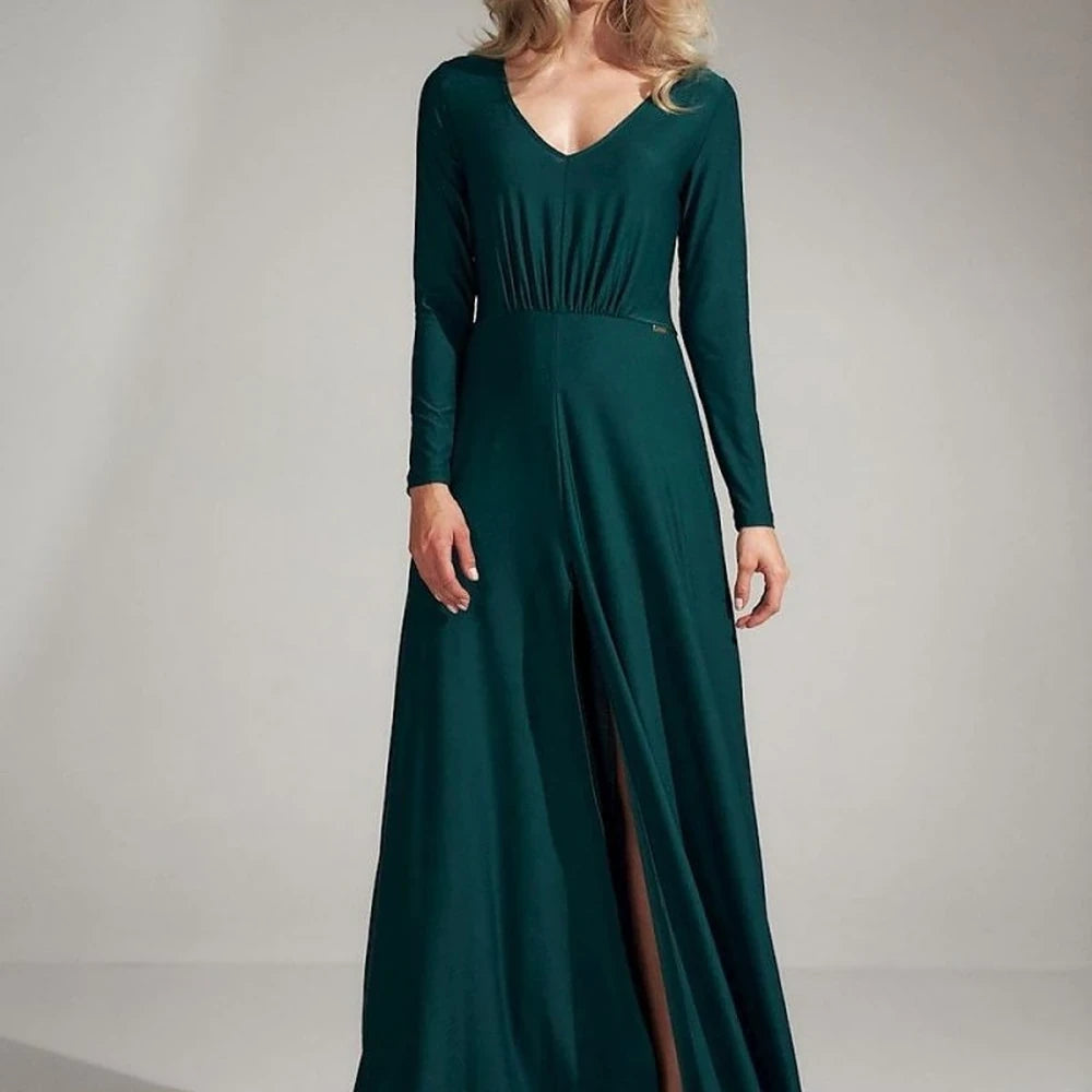 Flared V-Neck Dress with Slit
