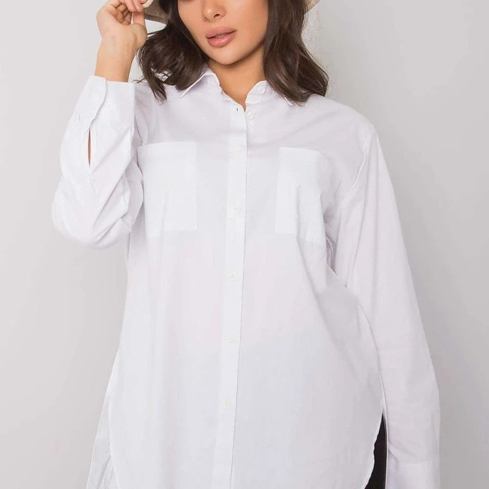 Women's White Cotton Button-Up Long Sleeve Shirt