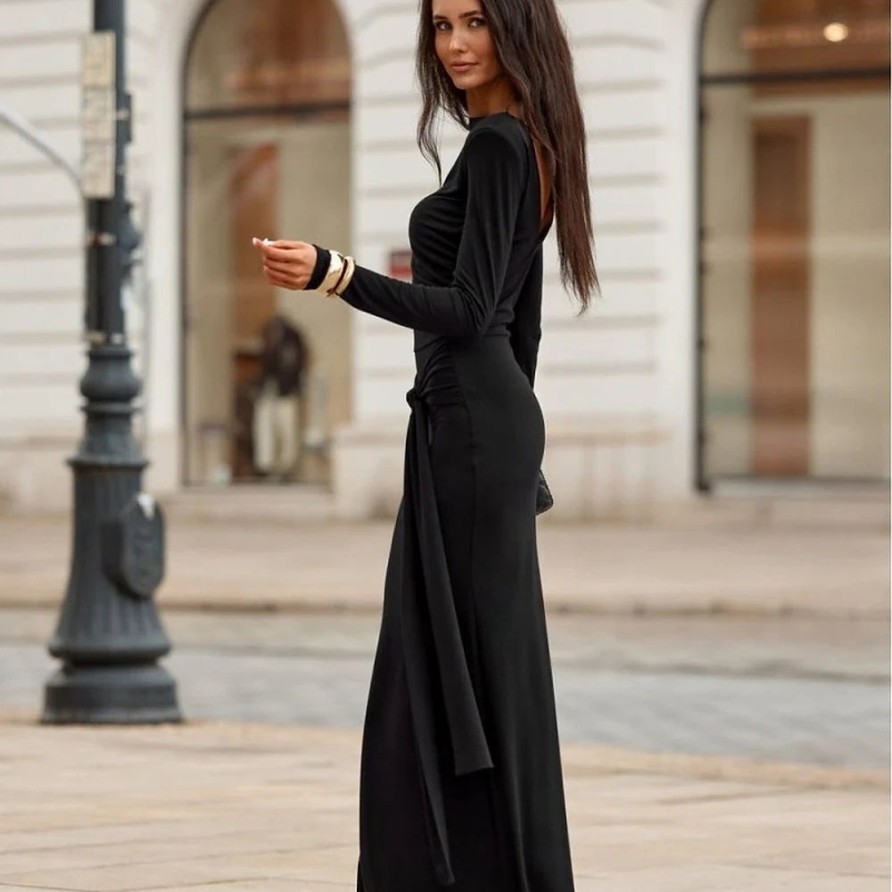 Elegant Long Sleeve Maxi Dress with Sash