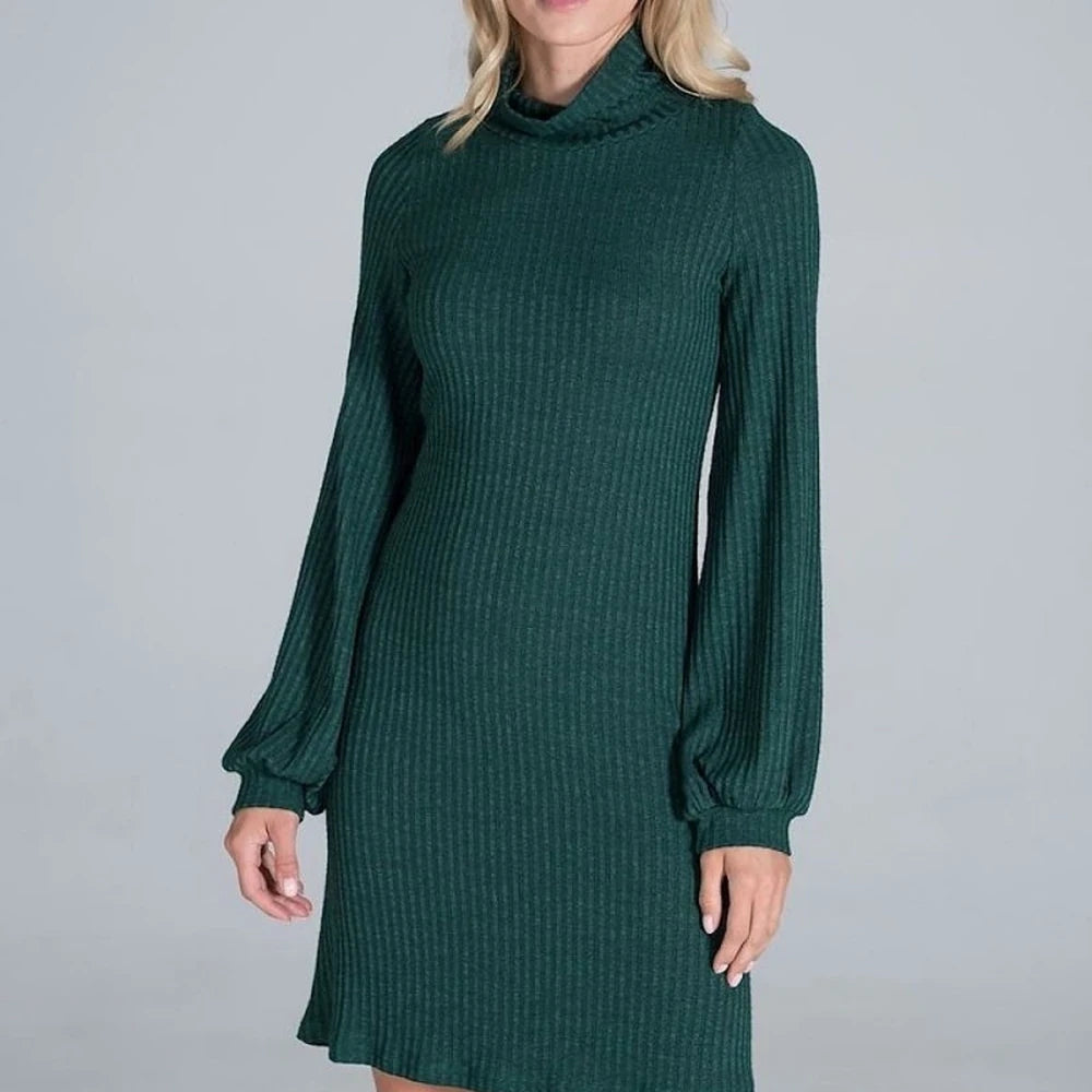 Ribbed Knit Turtleneck Midi Dress