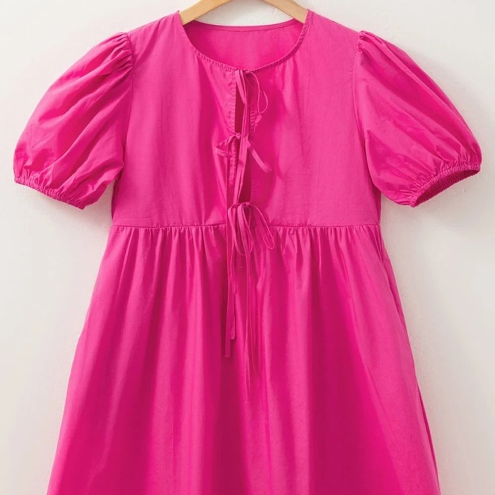 Puff Sleeve Tie Front Mini Dress
