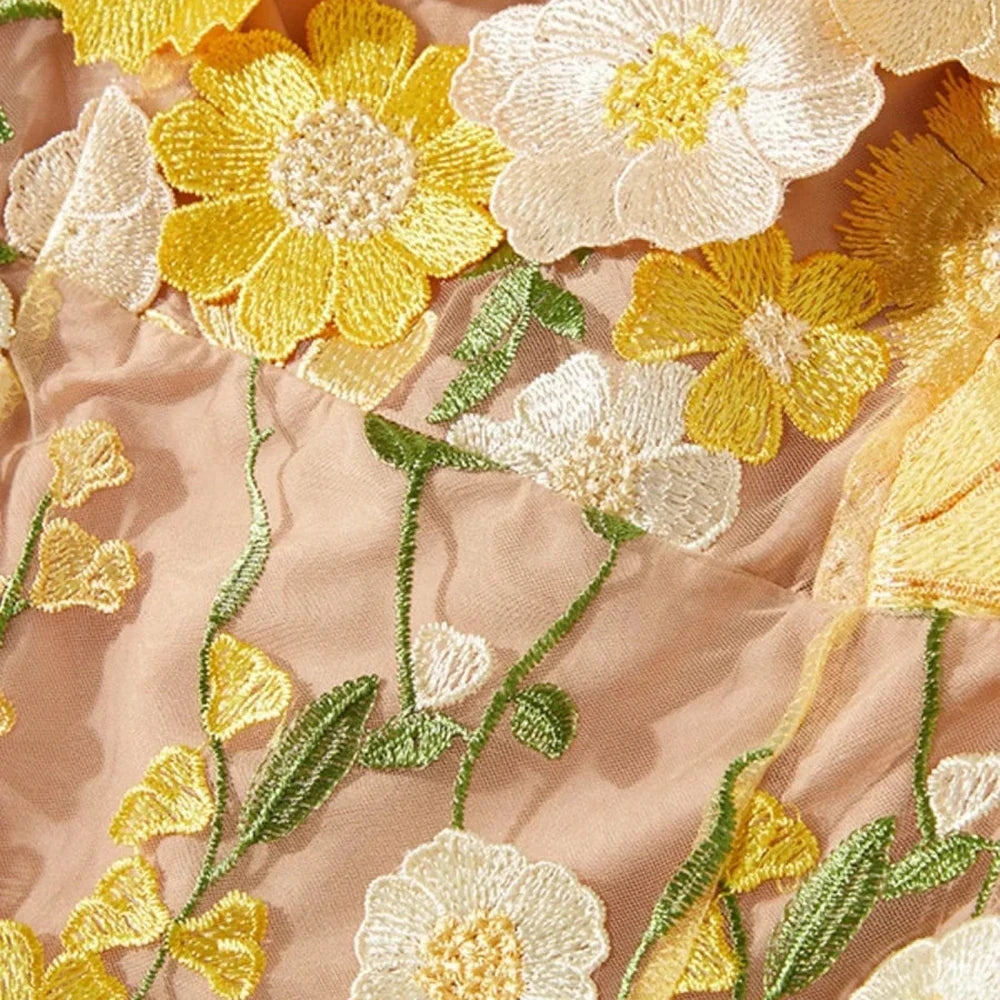 Floral Embroidered Mesh Midi Dress
