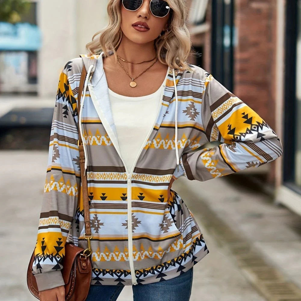 Geometric Zip Up Hooded Jacket