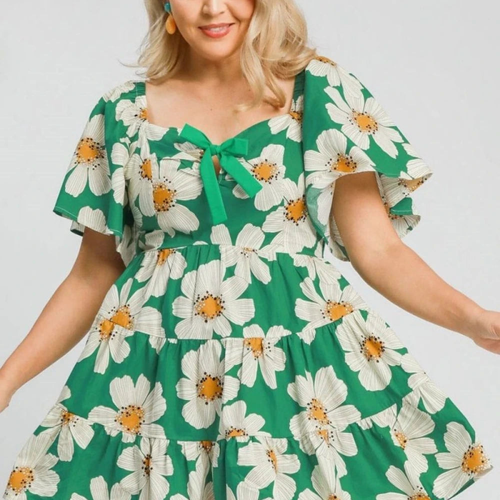 Daisy Print Mini Dress with Ribbon Details