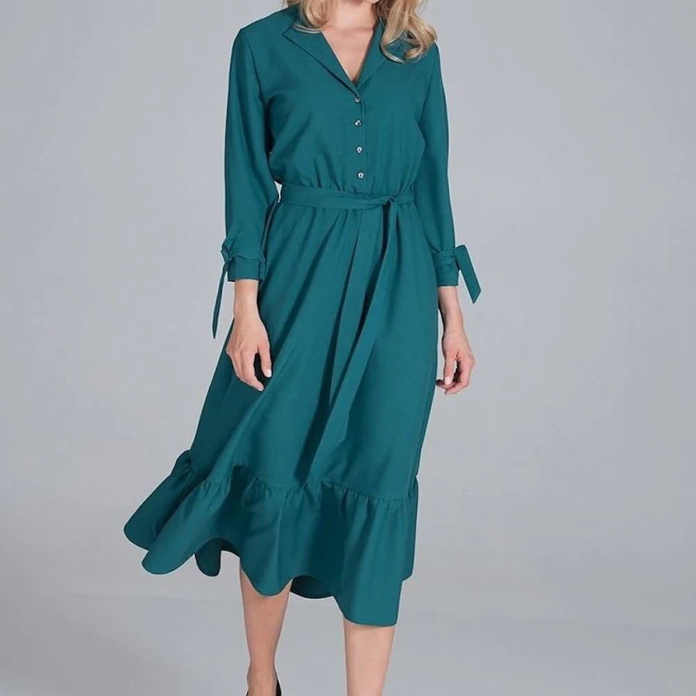 Maxi Dress Ruffle Hem V-Neck Buttoned