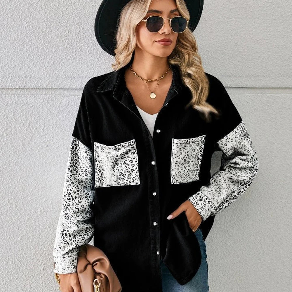 Leopard Print Button Up Denim Jacket